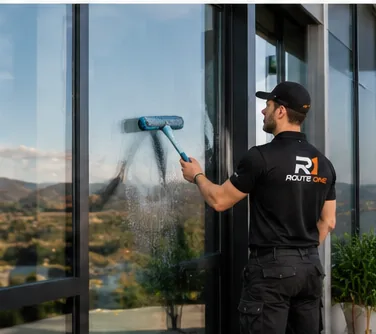 Route One team member cleaning exterior glass
