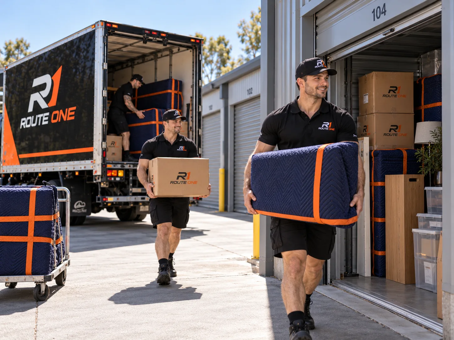 Route One mover transferring protected furniture and boxes into storage