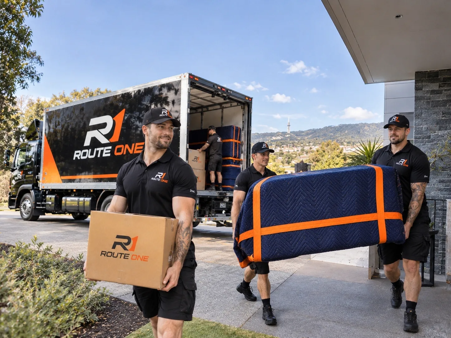 Route One moving team carrying protected household furniture beside a Route One truck